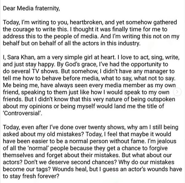 Sara khan open letter