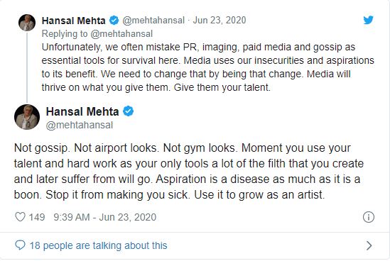 Hansal Mehta tweet on nepotism and Sushant Singh Rajput suicide