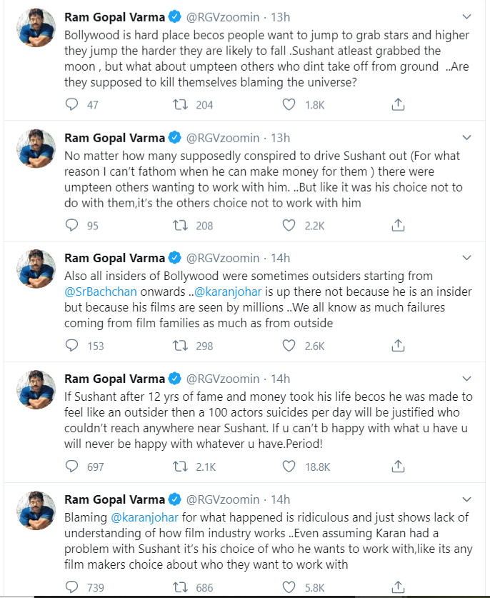 Ram Gopal Varma tweets on defending Karan Johar for Sushant Singh Rajput suicide