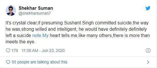 Shekhar Suman tweets on Sushant Singh Rajput suicide