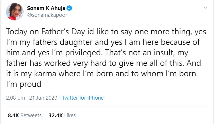 Sonam kapoor tweet on father's day