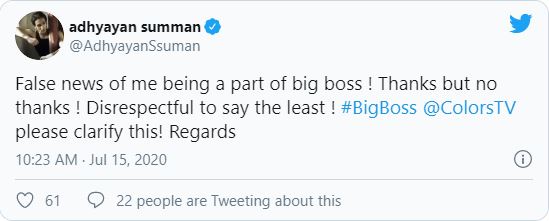 Adhyayan Summan tweet on Bigg Boss 14