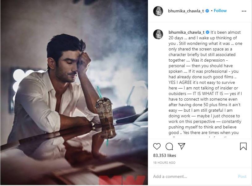 Bhumika Chawla post on Sushant Singh Rajput