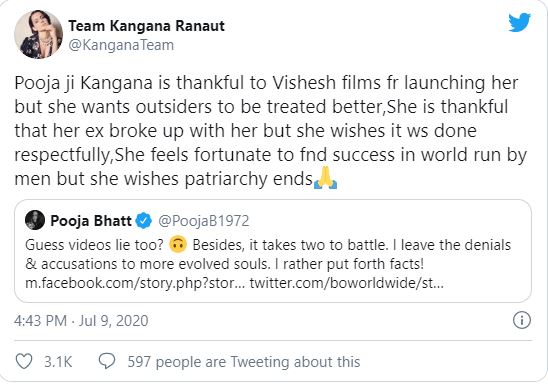 Kangana Ranaut team on Pooja Bhatt tweet