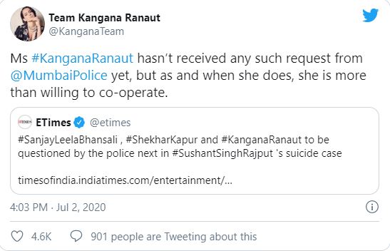 Kangana Ranaut tweet on being called by Mumbai police for interrogation in Sushant Singh Rajput suicide case