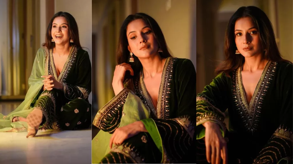 Shehnaaz Gill Stuns in Velvet: A Classic Green Kurta Combo at Sam Bahadur's Premiere!