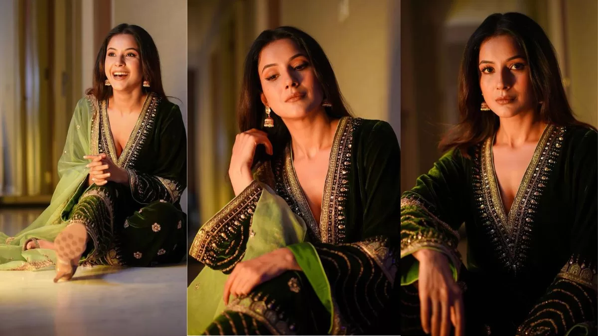 Shehnaaz Gill Stuns in Velvet: A Classic Green Kurta Combo at Sam Bahadur's Premiere!