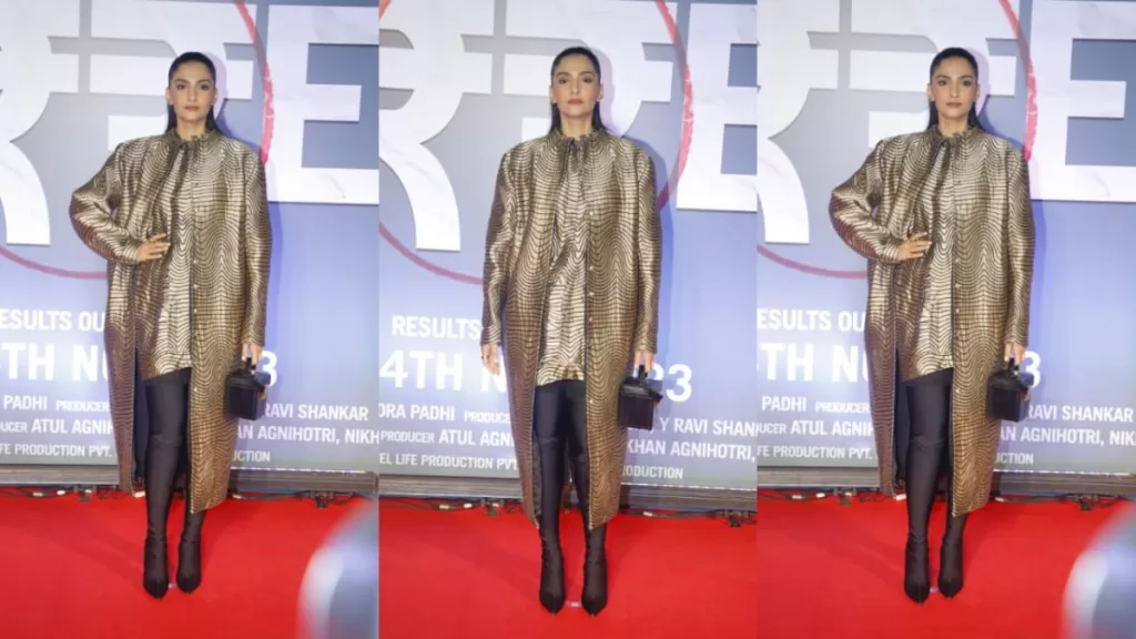 Sonam Kapoor Steals the Spotlight in Glamorous Gold Red Carpet Ensemble With Stylish Long Jacket