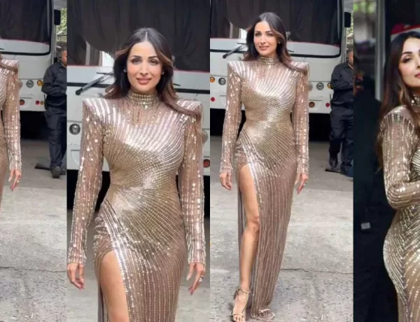Malaika Arora Dazzles in Mesmerizing Gold Gown: Sequins, Thigh-High Split, and Glamorous Accents Steal the Spotlight! ✨ #ShineBright