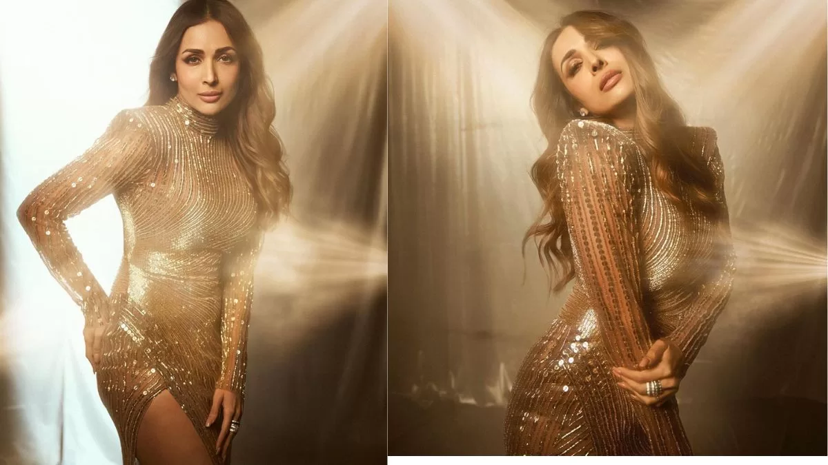 Malaika Arora Dazzles in Mesmerizing Gold Gown: Sequins, Thigh-High Split, and Glamorous Accents Steal the Spotlight! ✨ #ShineBright