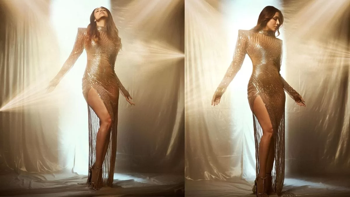 Malaika Arora Dazzles in Mesmerizing Gold Gown: Sequins, Thigh-High Split, and Glamorous Accents Steal the Spotlight! ✨ #ShineBright