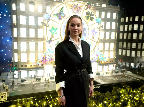 Jennifer Lawrence in Dior's ensemble at Saks Fifth Avenue