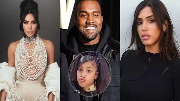 (L to R) Kim Kardashian, Kanye West and Bianca Censori with North West in bubble