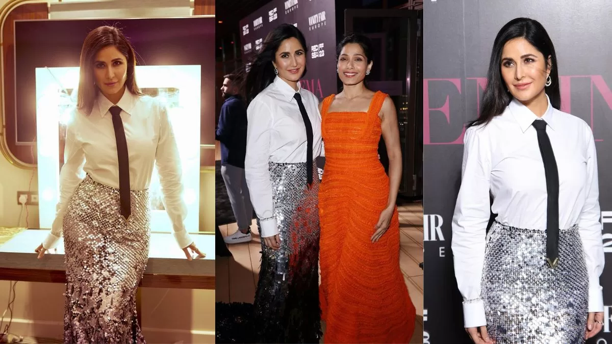 Katrina Kaif's Mesmerizing Fusion Elegance: Silver Sequins and White Shirt Redefine Red Carpet Glamour!