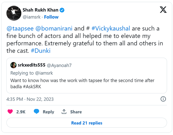 Shah Rukh Khan's tweet on #AskSRK
