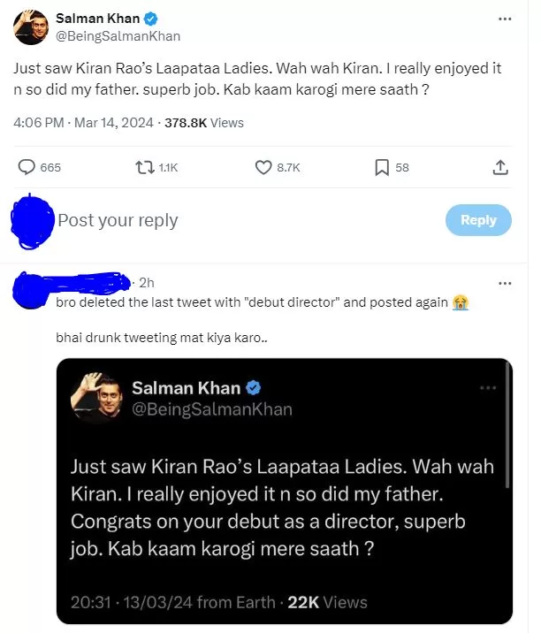 Salman Khan deleted tweet