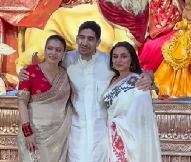 Ayan Mukerji, Kajol and Rani Mukerji at Durga Maa Pandal