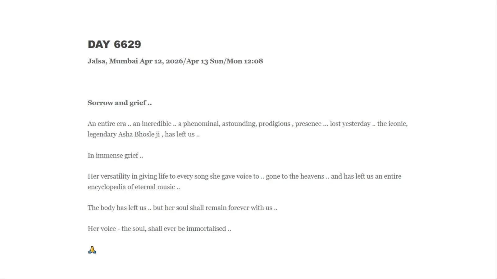 Big B note for Asha Bhosle